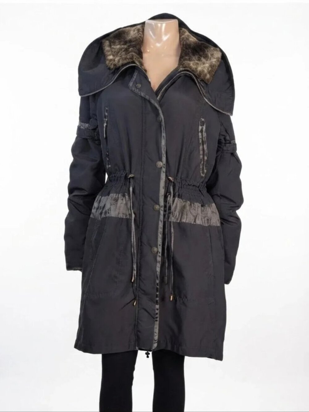 Creenstone Tegen Satin Crush Parka Hooded Faux Fur Lined Winter Coat Black Large